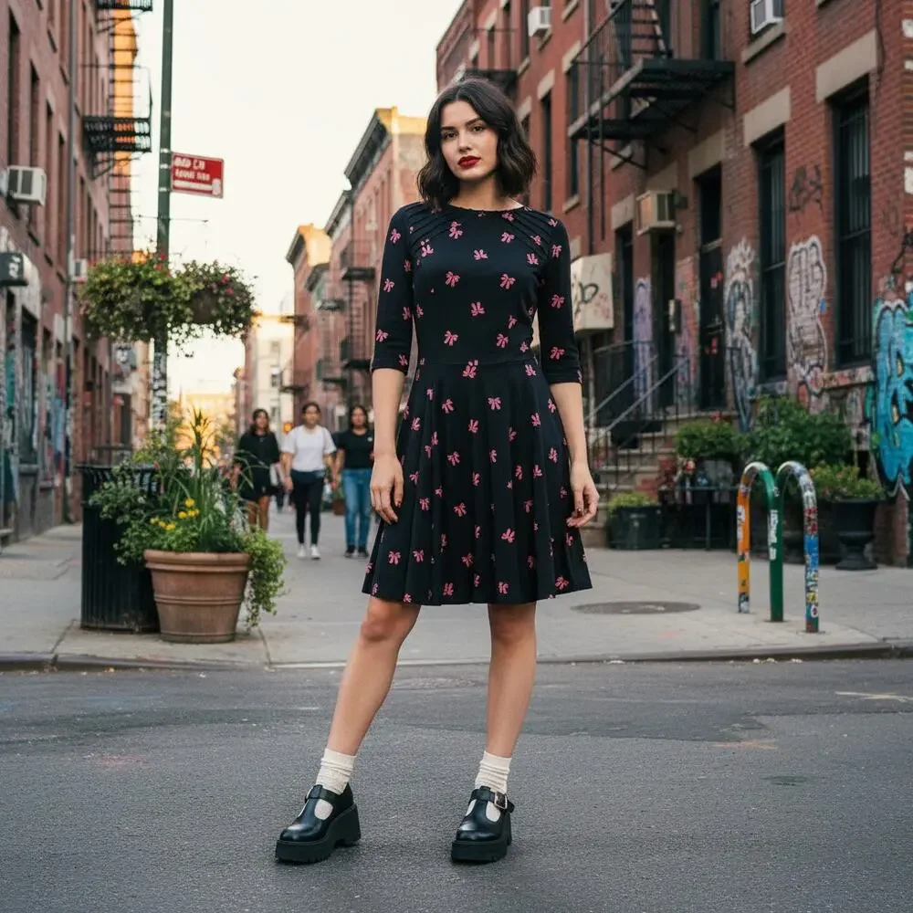 Unique Vintage Black Bow Print Dress | Size L | Retro Pinup Style - Picture 1 of 6